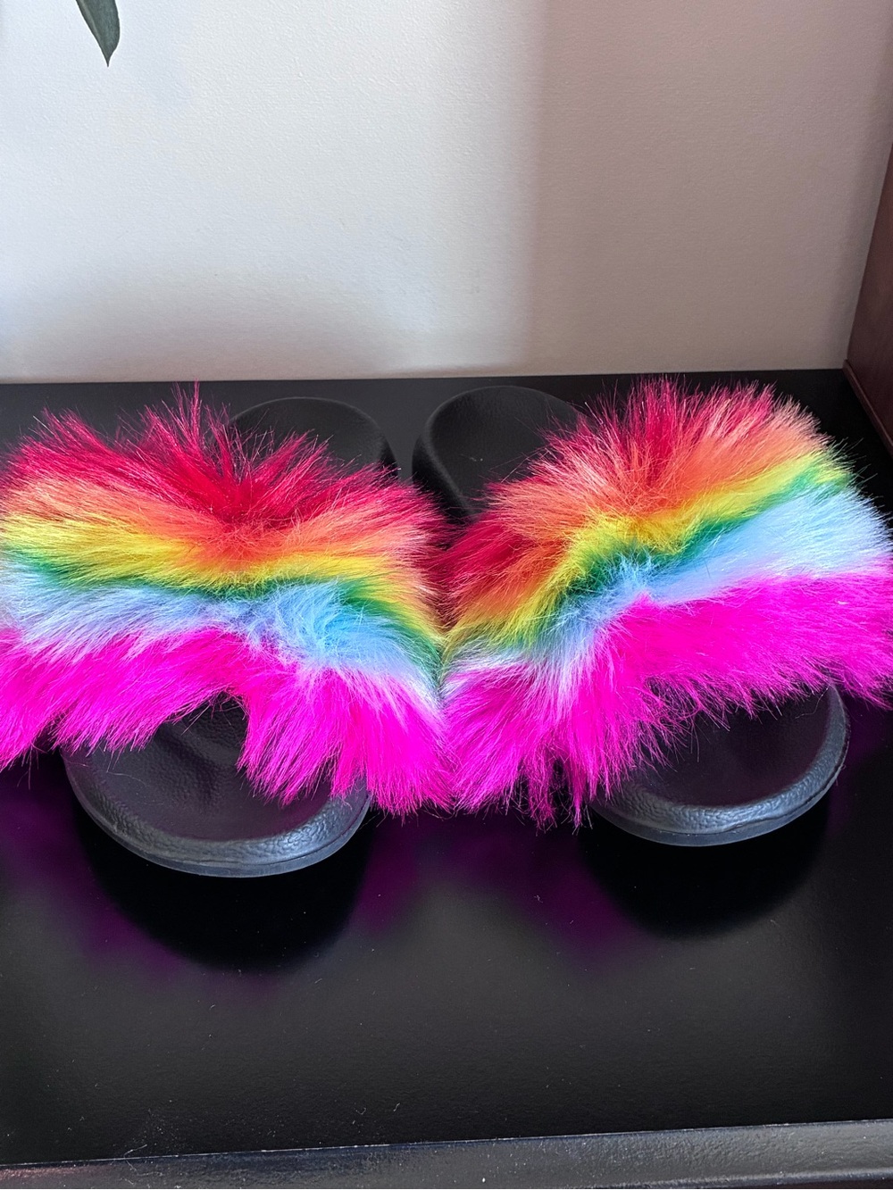 Source Unknown Rainbow Fuzzy Slide Sandals - Hot Pink Multicolor